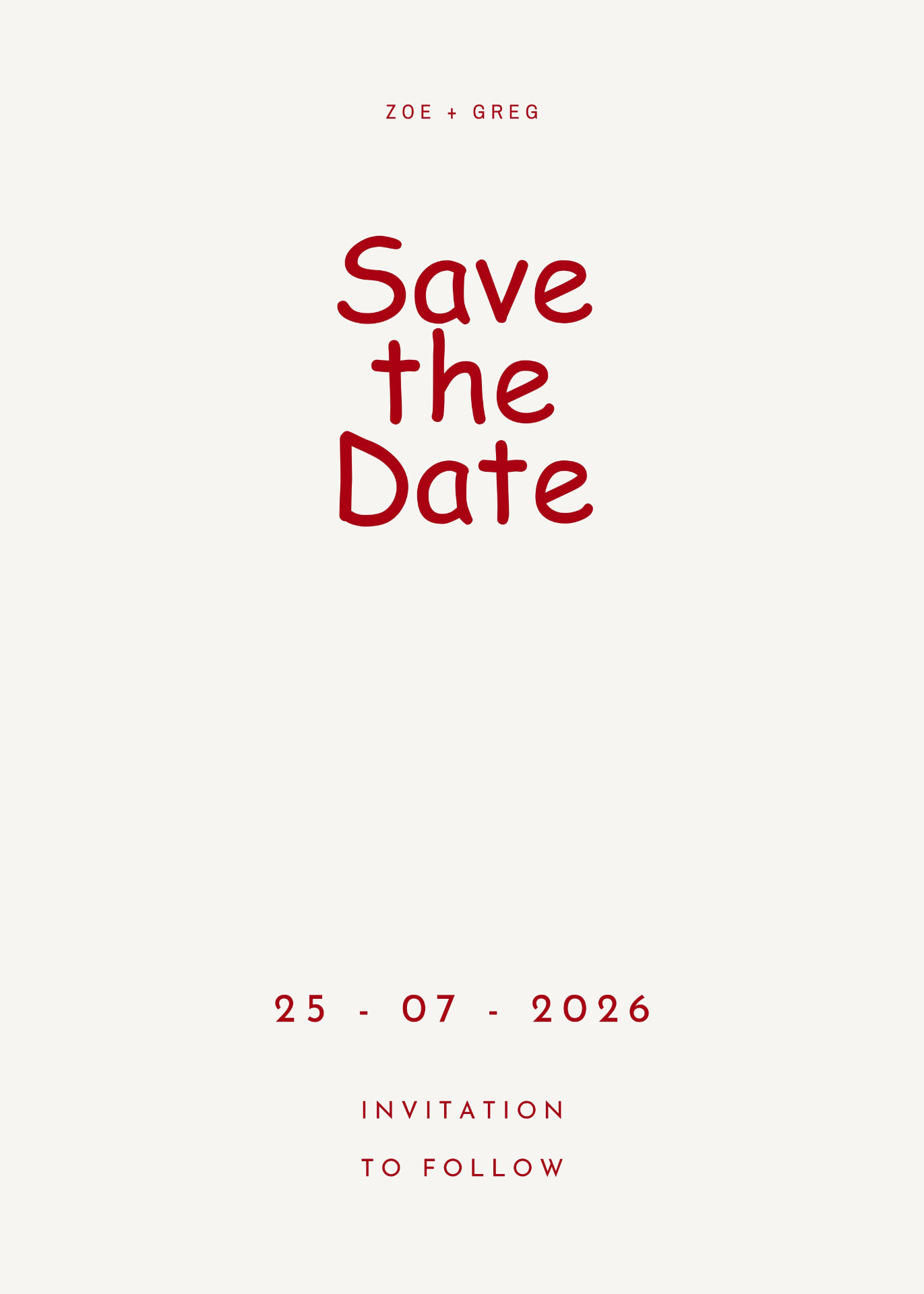 14 Modern Wedding Invitation & Save the Date Canva Templates — Cream Save the Date with deep red handwritten type